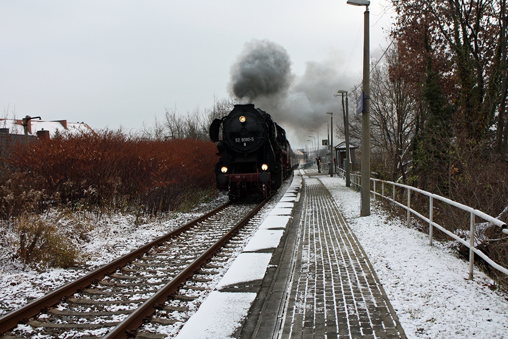 52 8080 der Ostschsischen Eisenbahnfreunde Lbau mit einem Sonderzug Pirna – Sebnitz – Bad Schandau bei der durchfahrt in der Station Pirna-Copitz (28.11.2010)