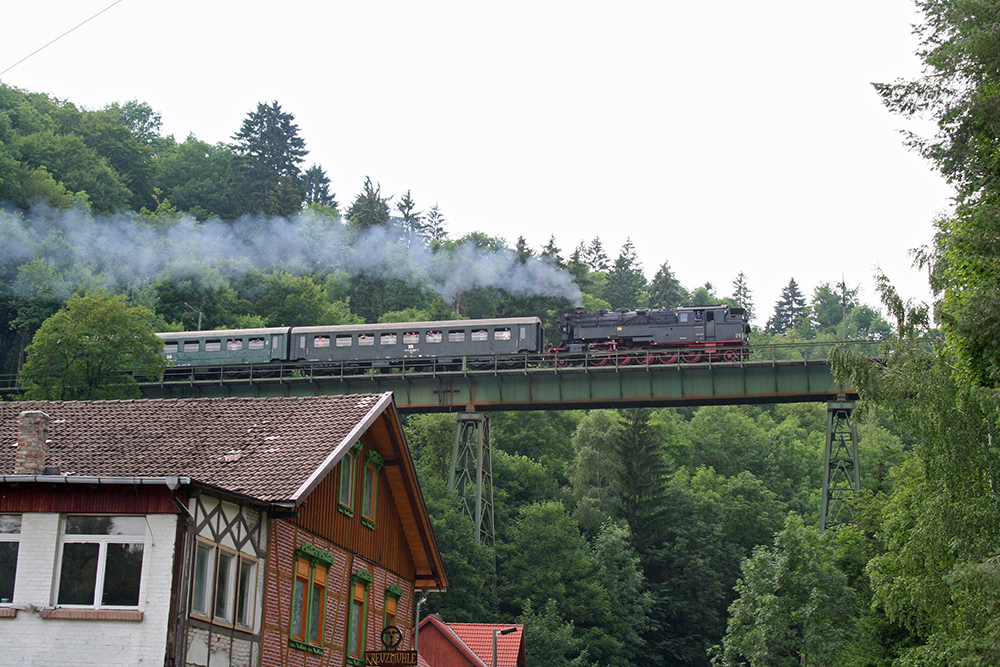 95 027 (Frderverein Bw Arnstadt e.V., Einsatz durch die HSB) mit einem Sonderzug von Rbeland nach Blankenburg auf dem Viadukt in Neuwerk (11.07.2010)