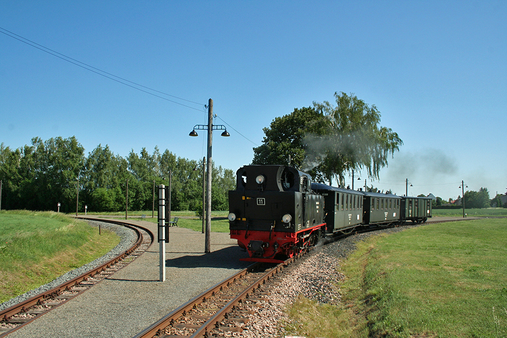 Lok 11 der Mansfelder Bergwerksbahn mit einem Zug von Klostermansfeld nach Hettstedt am Hp in Siersleben (02.06.2011)