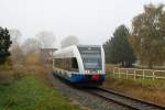 usedomer-baderbahn-ubb/166502/gtw-26-der-ubb-als-ubb GTW 2/6 der UBB als UBB 24115 (Peenemnde – Zinnowitz) bei der Abfahrt in Peenemnde (29.10.2011)