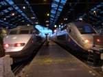 Ein TGV R�seau gege�ber eines TGV Duplex in Paris Montparnasse